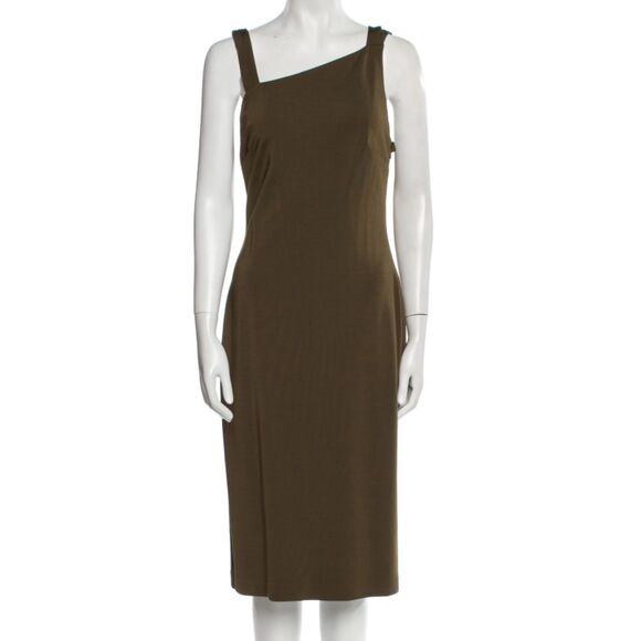 ~ Lauren Ralph Lauren 8 Cocktail Dress LRL Lined Midi Stretch Olive Asymmetrical - Picture 2 of 16